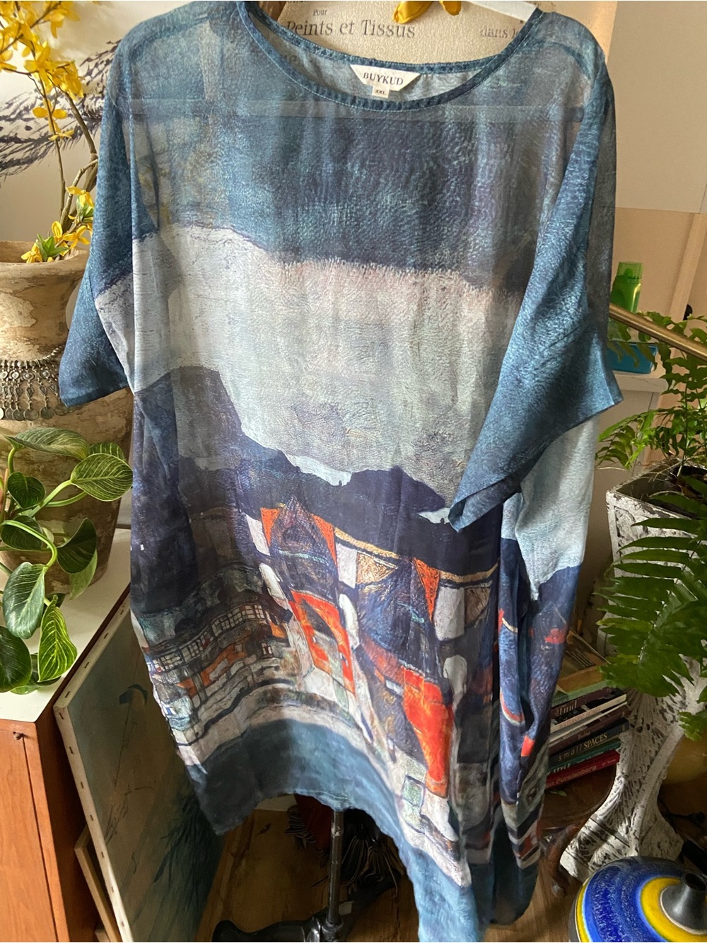 BUYKUD Women's Short-Sleeve Blue Abstract Graphic Tee Dress